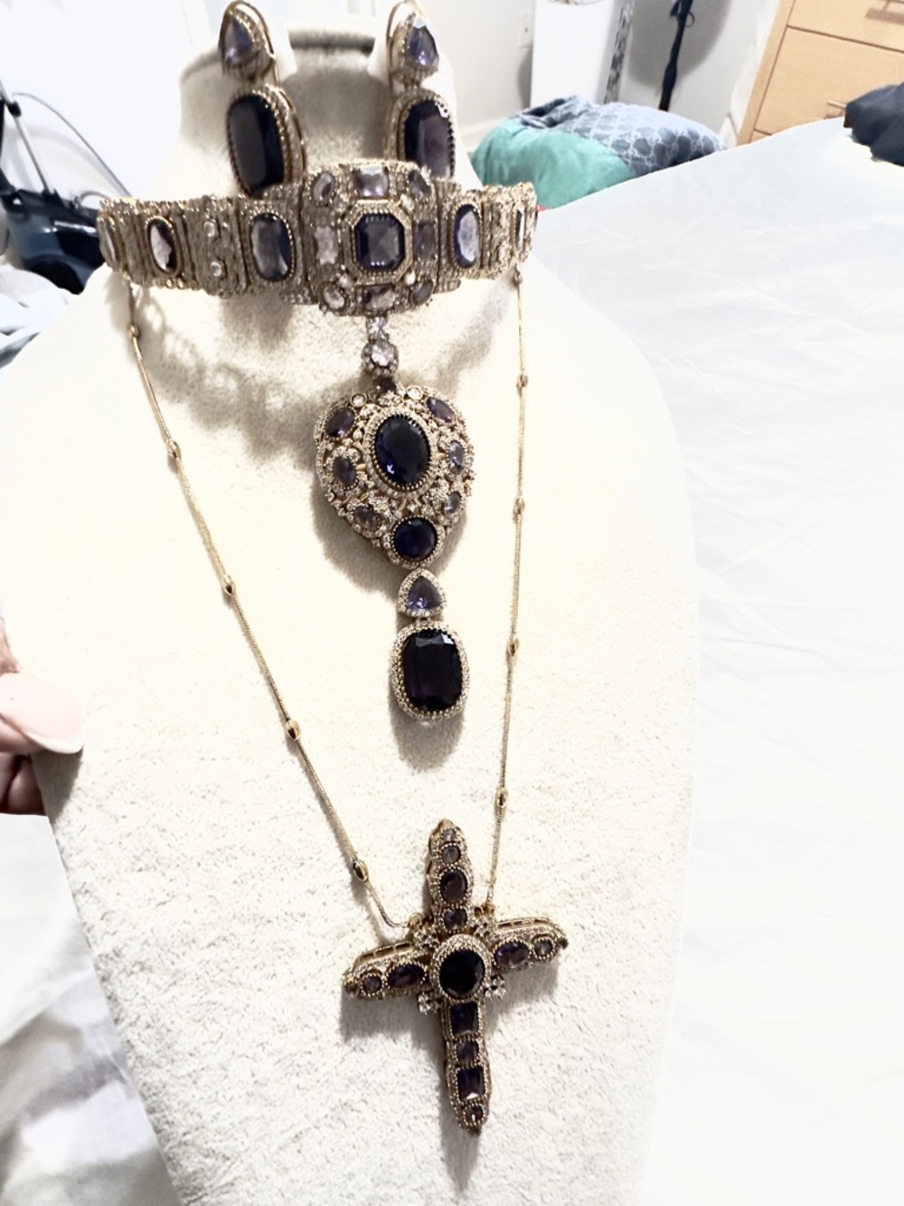 Gold-Tone Necklace Set with Deep Purple Gemstones double set with long Mala!